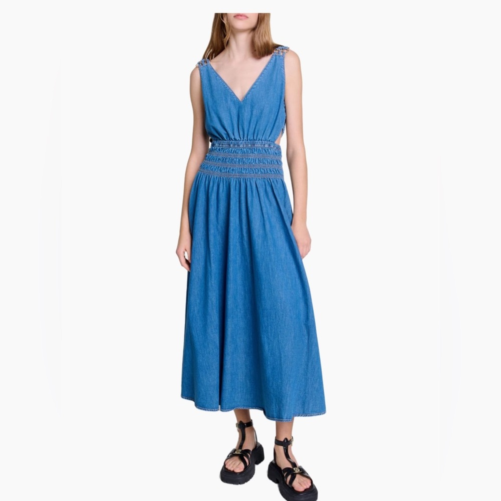 Maje Cutaway Denim Midi Dress